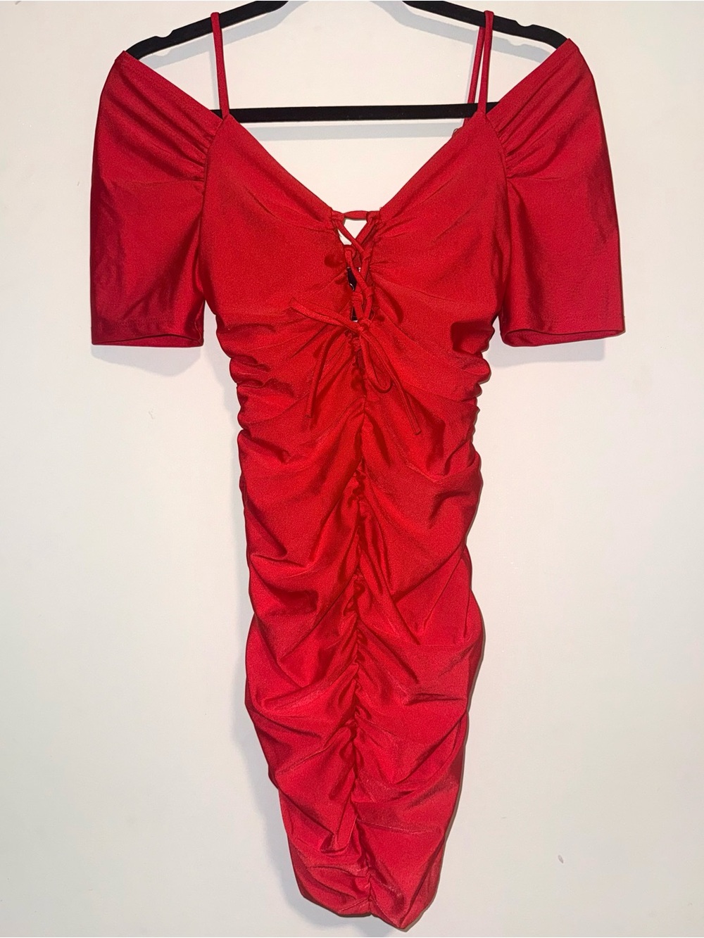 Ruched Lace-Up Off-Shoulder Dress in Red
